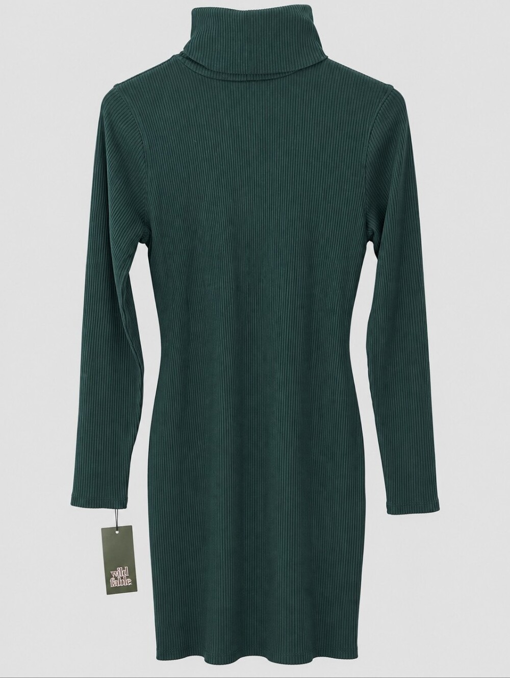 Ribbed Turtleneck Long-Sleeve Dress - Dark Green